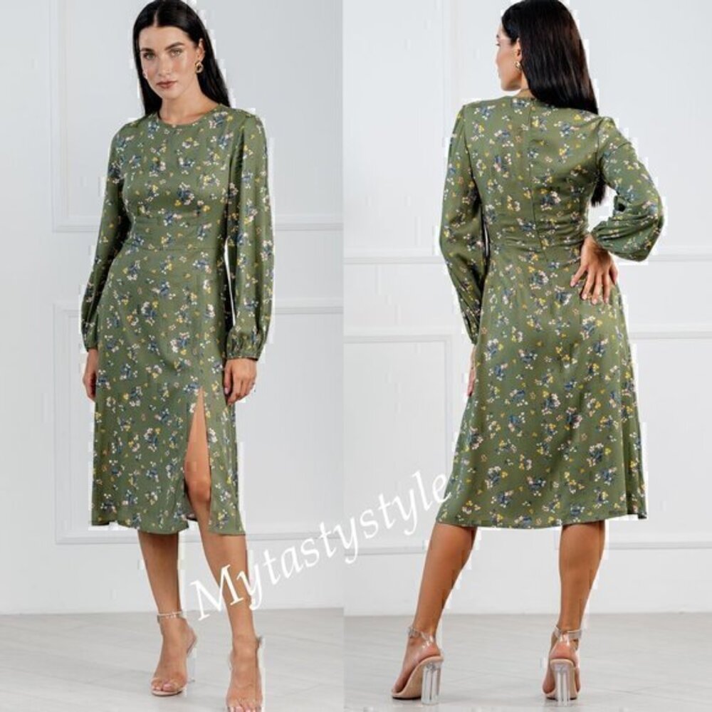 NWT Floral Green Fitted Midi Floral Romantic Side Slit Dress Size M